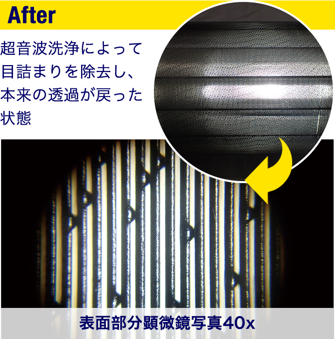 After 超音波洗浄によって目詰まりを除去し、本来の透過が戻った状態
